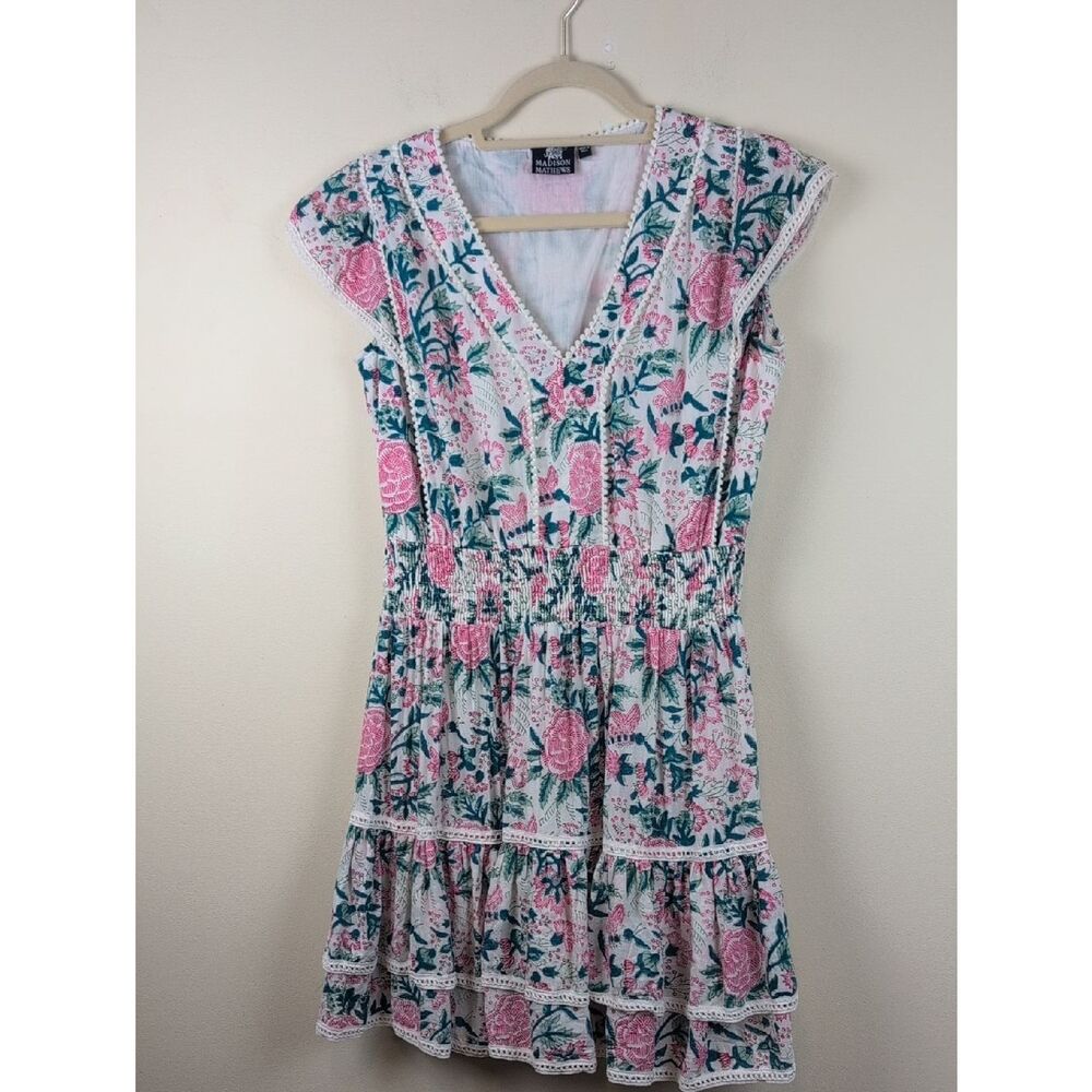 Madison Mathews Floral V-Neck Smocked Waist Cotton Dress Size M